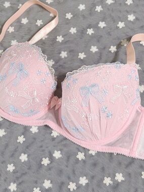 US-32C/JP-E70 Japanese Brand Cute Pink Bow & Floral Embroidery Push Up Bra Girls